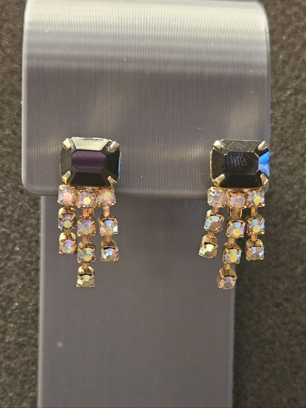 Vintage Gold-Tone Iridescense Drop Earrings with Black Emerald-Cut Stones